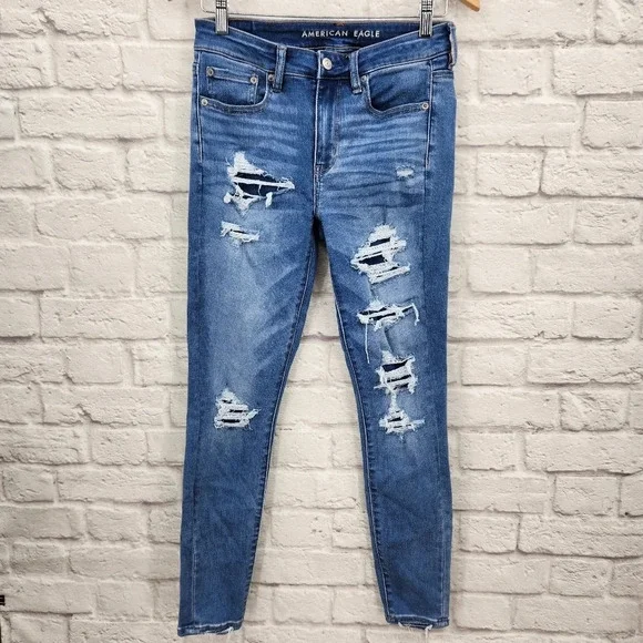 American Eagle Distressed High Rise Jegging Medium Wash Denim Flap Jeans Sz 6R - Picture 1 of 15
